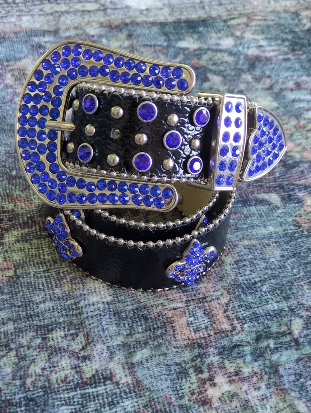 Fleur De Lis Leather Rhinestone Belt S/M